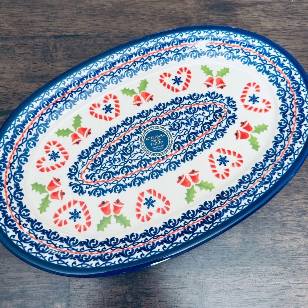 Boleslawiec Polish Pottery Christmas Candy Cane Oval Serving Plate Dish